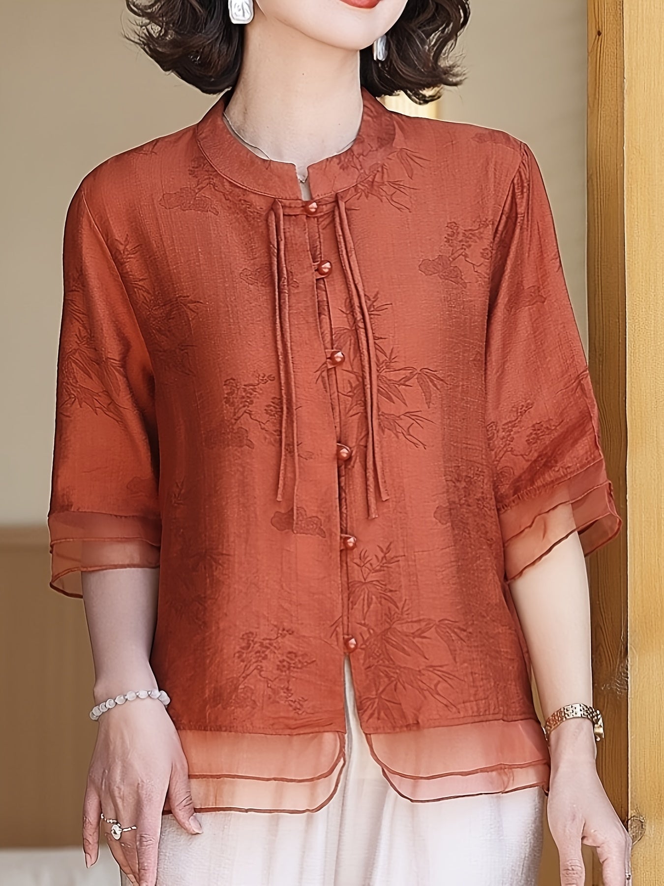 Women'S Elegant Summer Blouse with Floral Pattern - Short Sleeve, Mandarin Collar, Loose Fit, Light Olive Green, Perfect for Casual Attire, Casual Attire Blouse | Floral Pattern Top | Mandarin Collar Shirt