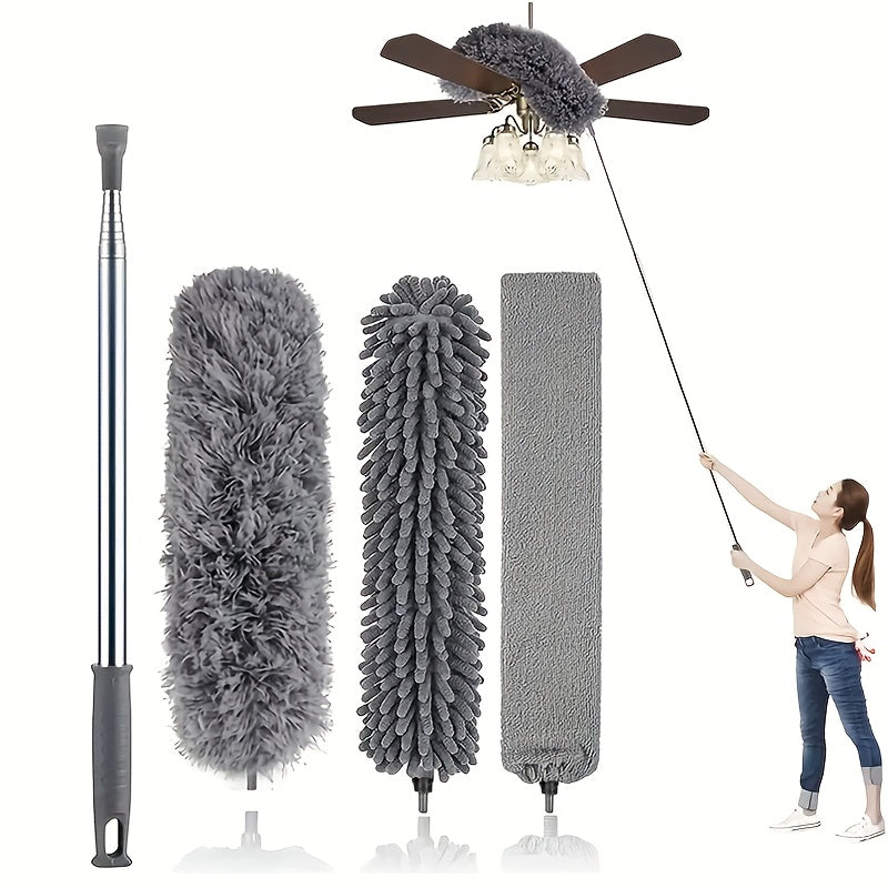 Microfiber Duster with 254.0 cm Telescopic Extension Pole Kit for High Ceilings, Cleaning Fan Spider Webs, Reusable and Washable Lightweight Ceiling Fan Nets, Blinds