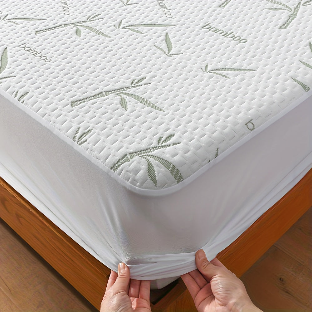 1pc 100% Bamboo Fiber Mattress Protector 250gsm - Cooling Breathable Bed Cover with 3D Air Layer, Green, Machine Washable Polyurethane Filling for Pressure Relief & Temperature Regulation, Bed Comfort Enhancement, Stylish Bed
