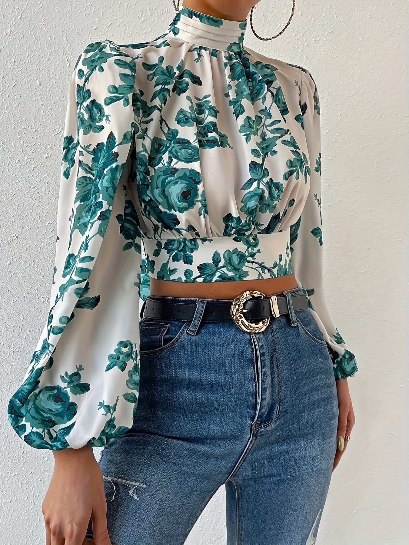 Floral Print Tie Back Crop Blouse, Elegant Lantern Sleeve Cut Out Blouse For Spring & Fall, Women's Clothing