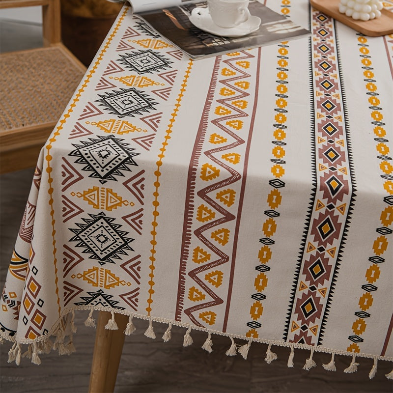1pc Boho Style Rectangular Tablecloth with Tassels - Waterproof and Oil Proof Home Decor