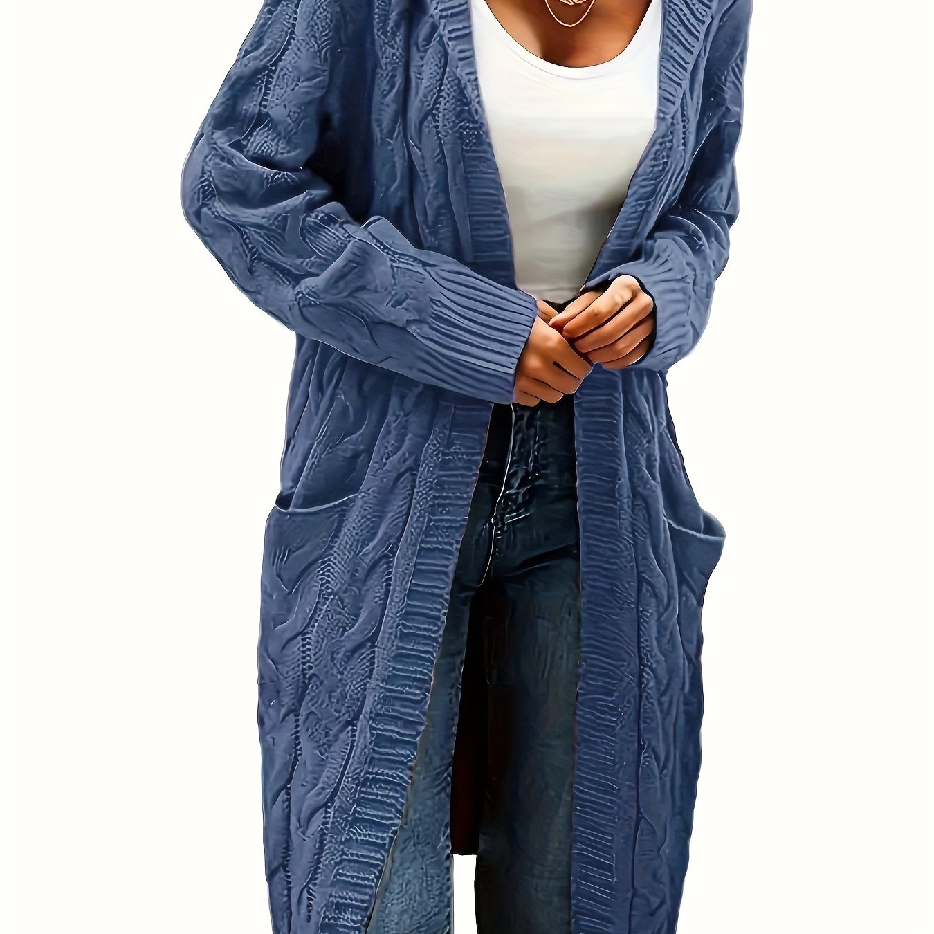 Women's Mid-Length Hooded Cardigan - Soft Stretchy Solid Color Long Sleeve Open Front Sweater with Pockets, Machine Washable Casual Elegance for Fall Winter, Everyday Comfort Wear, Stylish Hooded Design, Comfortable Fit