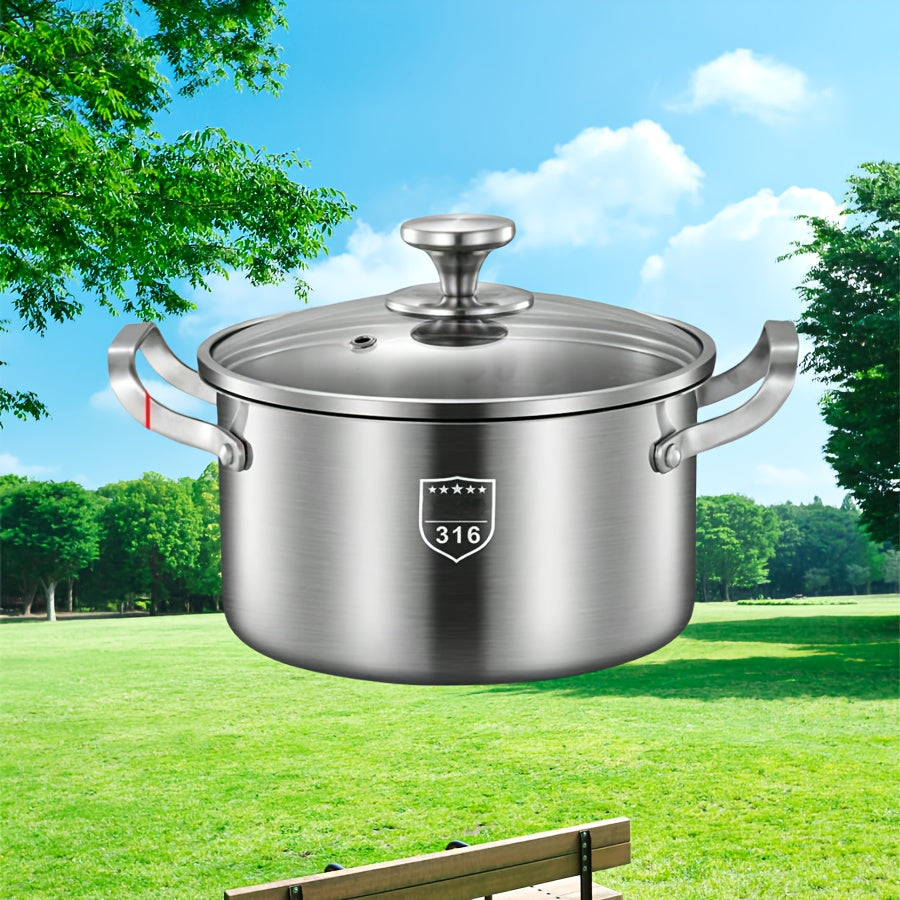 Premium Stainless Steel Soup Pot with Lid - Induction Compatible, Thickened Double-Handle Design for Home Cooking, Steaming, and Soup Preparation - Perfect for Outdoor Camping, Uncharged Power Source, Camping Cookware|Sleek C