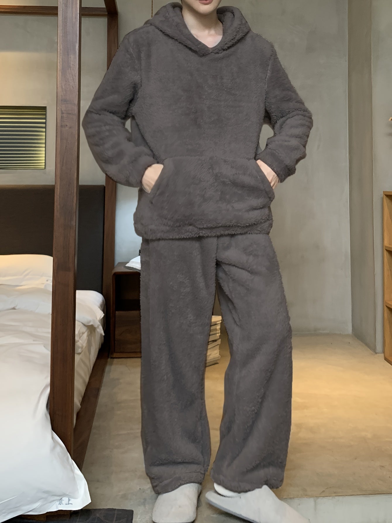 Men's Coral Velvet Pajamas Autumn and Winter Thickened Velvet Winter Hooded Flannel Warm Youth Pajama Set