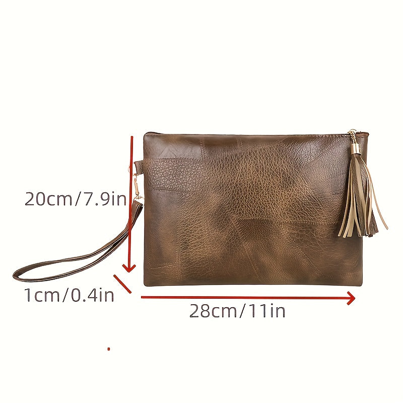 Women's Vintage Handbag & Wallet Clutch - Detachable Strap & Zipper Closure, Tassel Fringe Tassel Chain Strap, Golden-Tone Hardware, Deep Brown/Black Retro Wallet Purse for Everyday & Formal Events, Lining, Geometric Pattern,