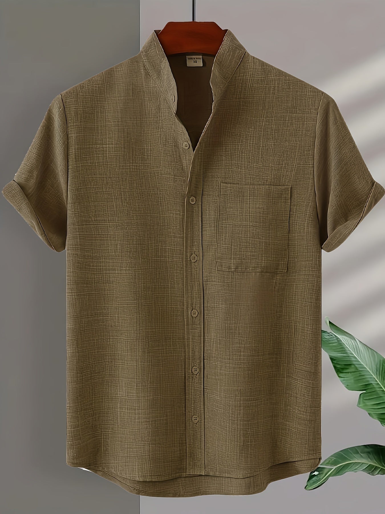Solid Color Men's Short Sleeve Stand Collar Shirt, Men's Casual Button Up Shirt For Summer Outdoor