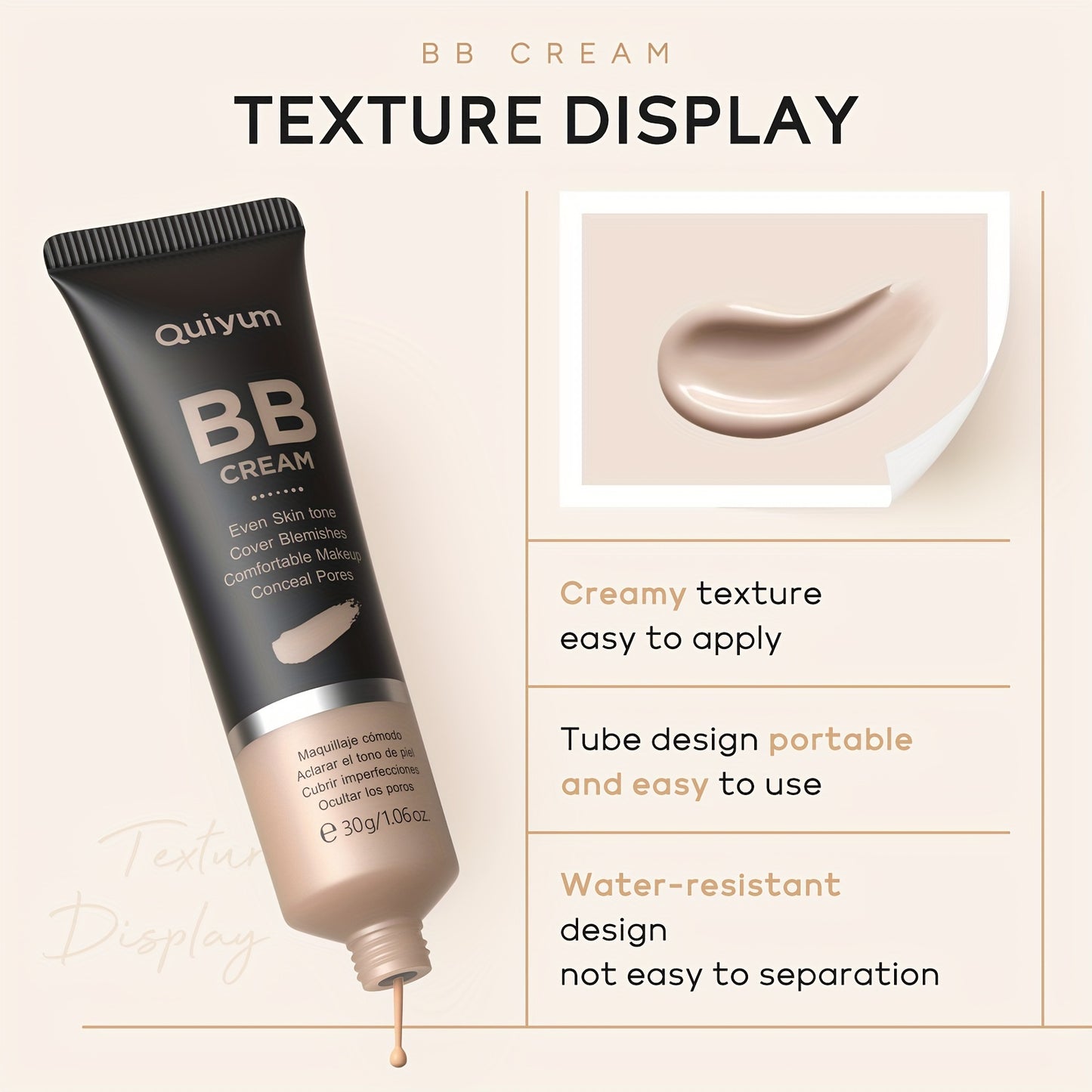 Quiyum BB Cream, Waterproof Long Lasting Pores Concealer, Brighten Skin Tone, Cover Blemishes Make Up Foundation 30g