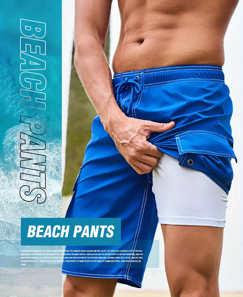 Men's Quick-Dry Swim Shorts with Adjustable Drawstring Waist & Pockets - Sporty Solid Black Beach Shorts for Swimming, Surfing, Water Sports - Machine Washable Regular Fit, Swimming Gear | Sleek Construction