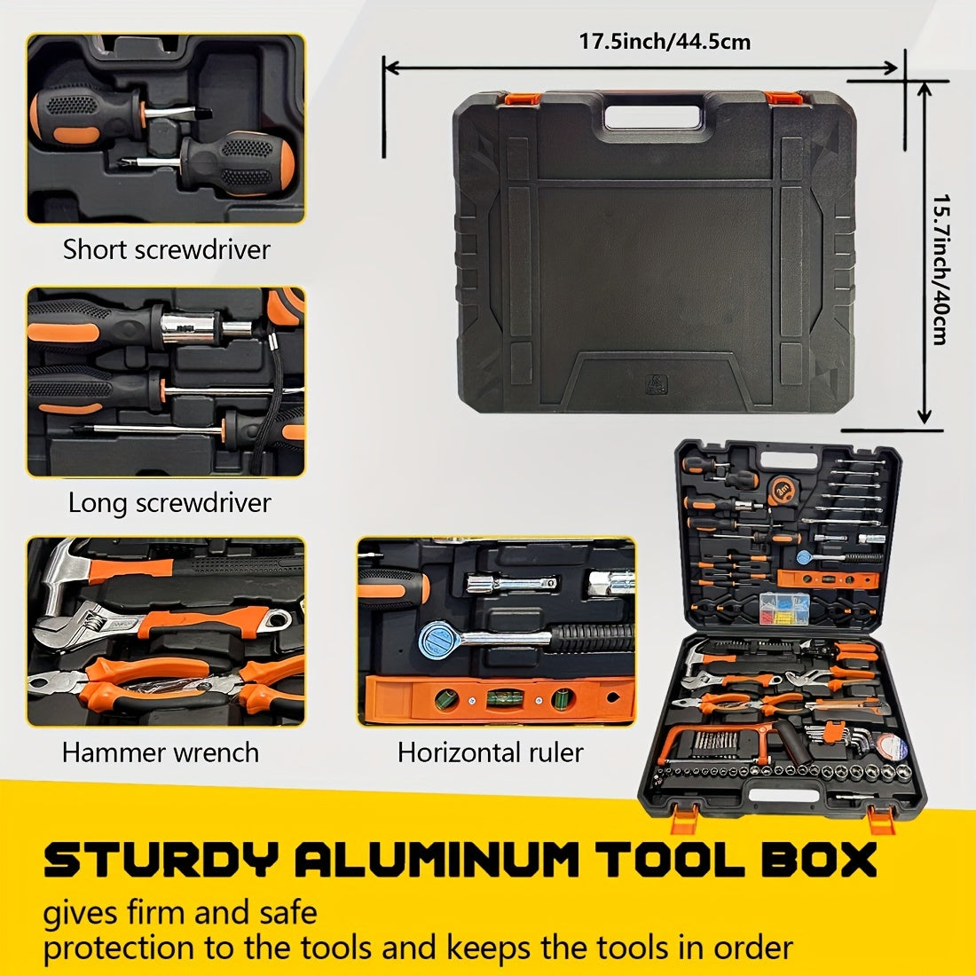 157pcs Tool Kit - Portable Mechanical Set with Adjustable Wrench, Drive Socket Combination, Saw, Chrome Vanadium Steel, Black, Durable Plastic Toolbox, No Assembly Required, Non-Electric, Battery-Free, for Home, Apartment, Ga