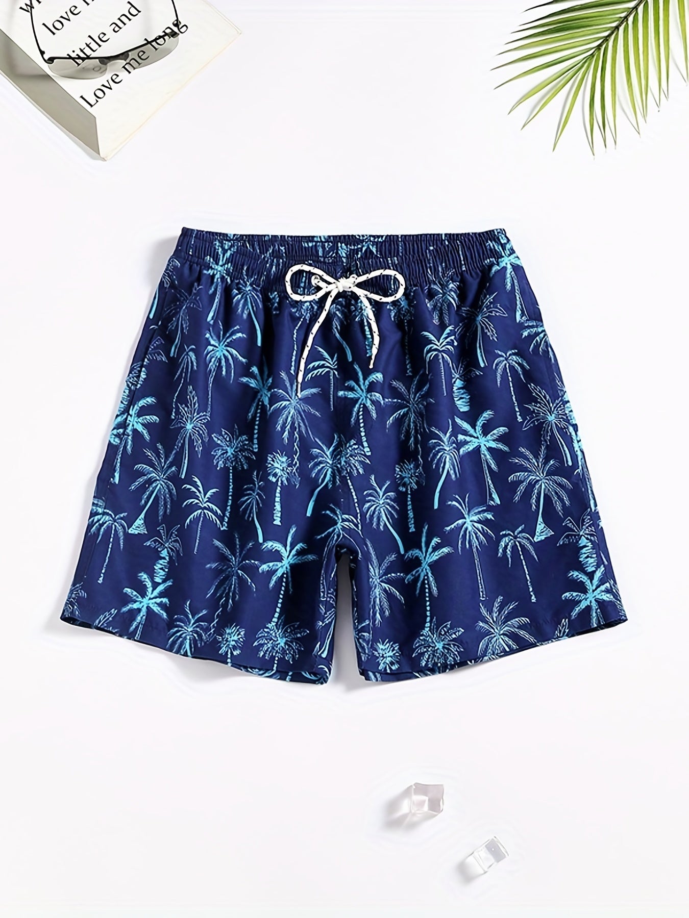 Men's Quick Dry Hawaiian Board Shorts With Pockets, Casual Coconut Tree Graphic Drawstring Swim Trunks For Summer Vacation Beach Pool Outdoor