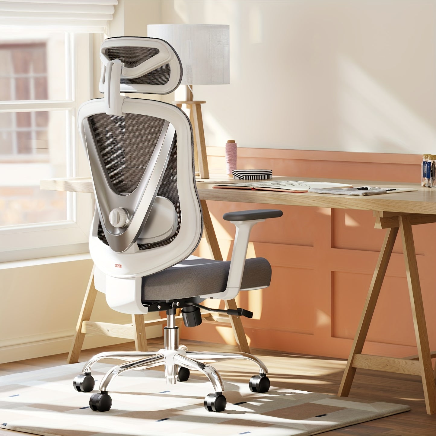 Ergonomic Office Chair with 3D Lumbar Support & Adjustable Armrests - V-Shaped Design, Breathable Mesh Backrest, Ergonomic Seat Cushion, Manual Height Adjustment, Durable Plastic Frame for Home & Office Use, Office Chair Cush