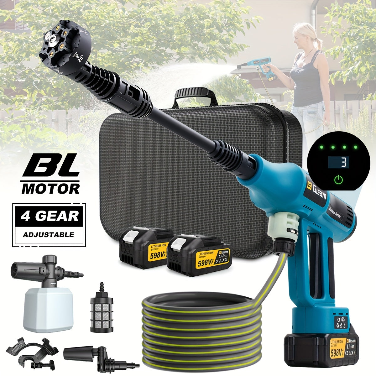Gisam Cordless High-Pressure Car Washer Gun with Digital Touch Screen & 2 x 4000mAh - 6-in-1 Nozzles, 4-Speed Brushless Motor, Heavy-Duty Water Spray System for, Trucks, Motorcycles, Garden,, Driveway Cleaning (Portable)