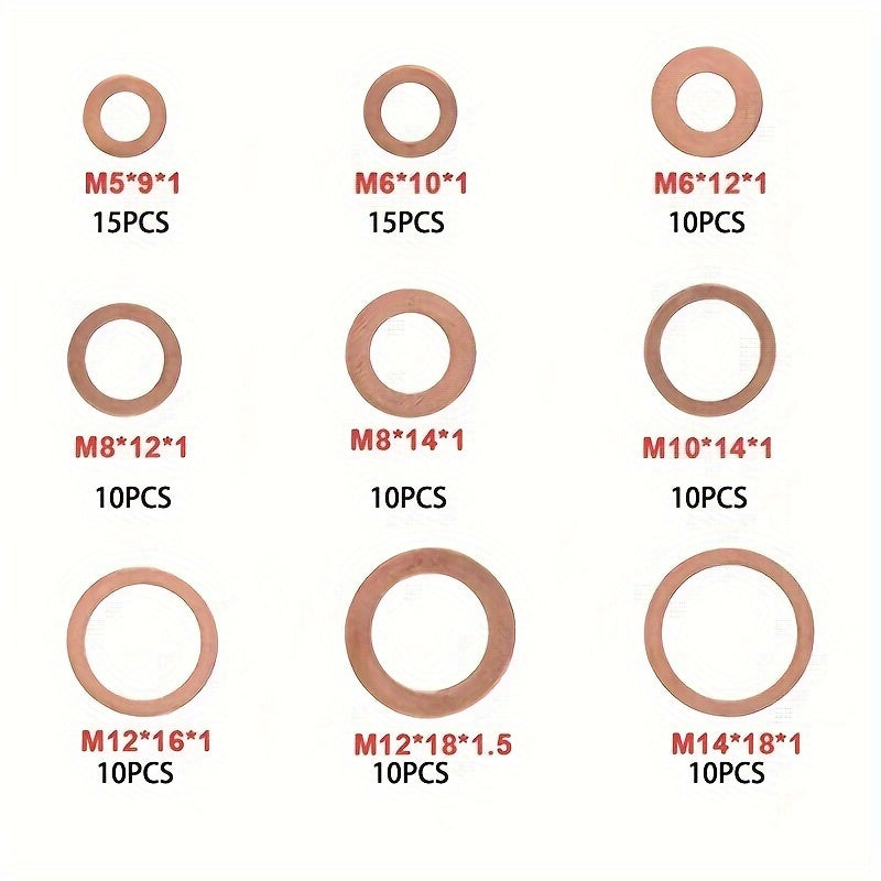 100pcs Copper Washer Gasket Nut And Bolt Set, Flat Ring Seal Assortment Kit With Box,/M5/M6//M8/M10/M12/M14 For Sump Plugs