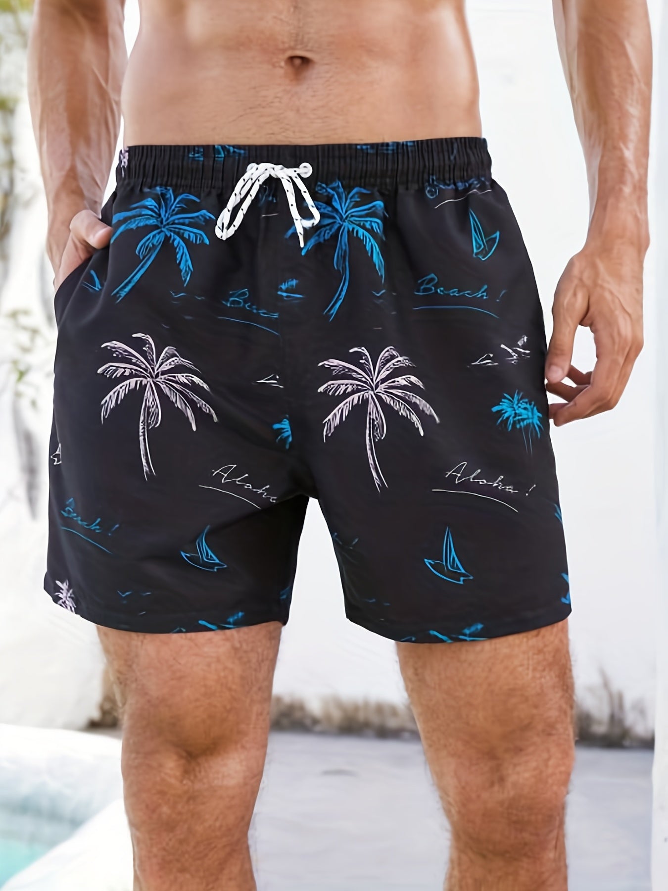Men's Quick Dry Hawaiian Board Shorts With Pockets, Casual Coconut Tree Graphic Drawstring Swim Trunks For Summer Vacation Beach Pool Outdoor