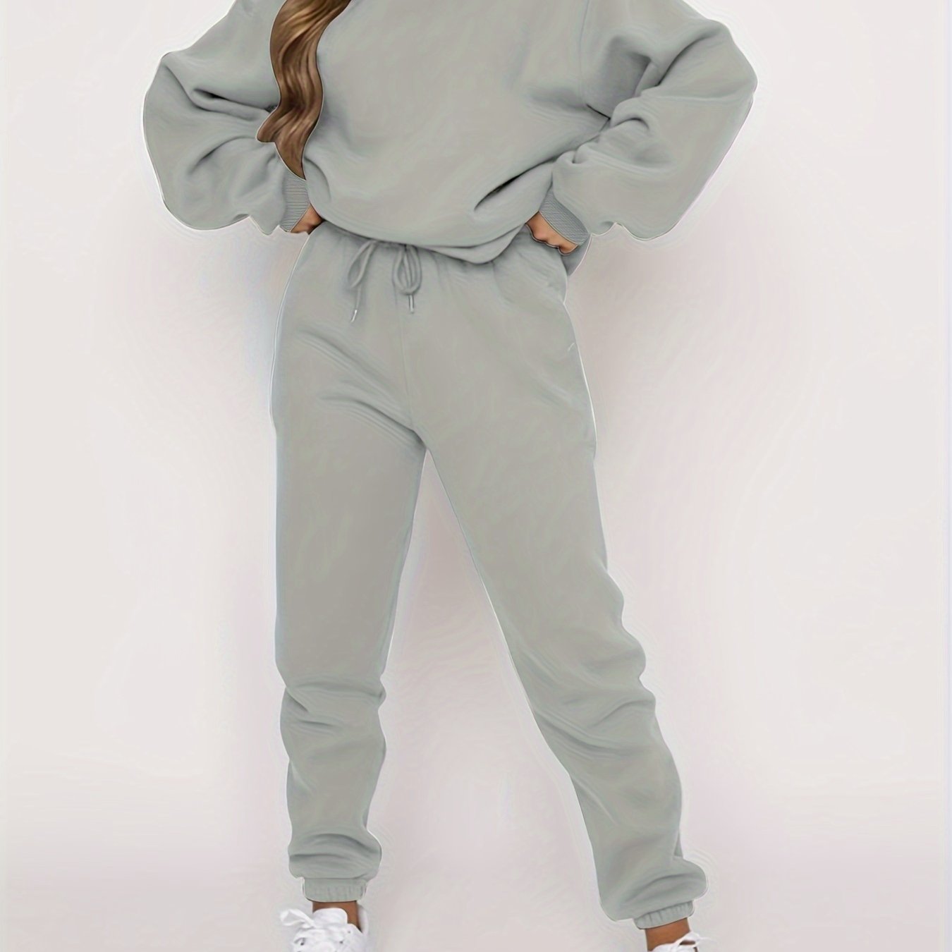 Solid Casual Two-piece Set, Crew Neck Long Sleeve Tops & Drawstring Jogger Pants Oufits, Women's Clothing