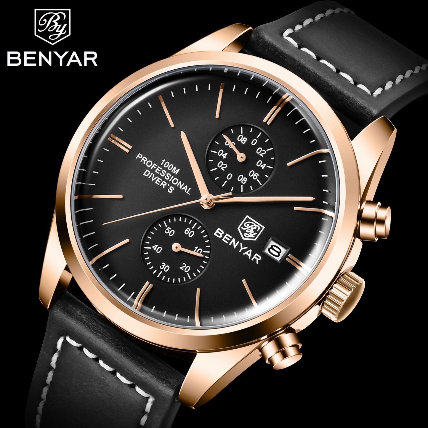 1pc New BENYAR Men's PU Leather Quartz Wristwatch, Men's 100M Multifunctional Watch Military Sports Chronograph Watch For Men