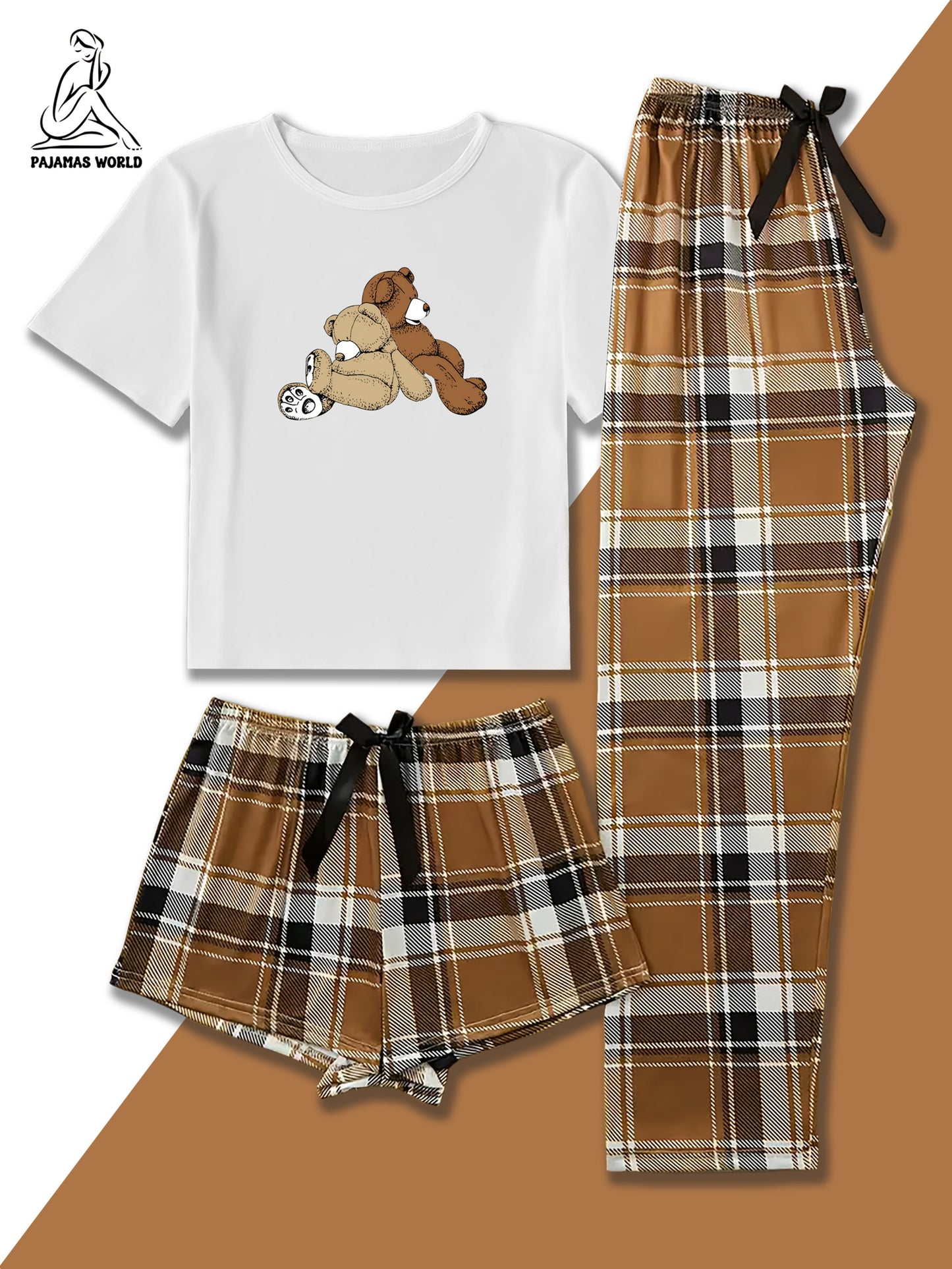 Women'S Casual Cartoon Bear & Plaid Pajama Set - Soft, Loose-Fit Short Sleeve Top with Elastic Waistband, Long Pants & Shorts, Cozy Fall/Winter Sleepwear