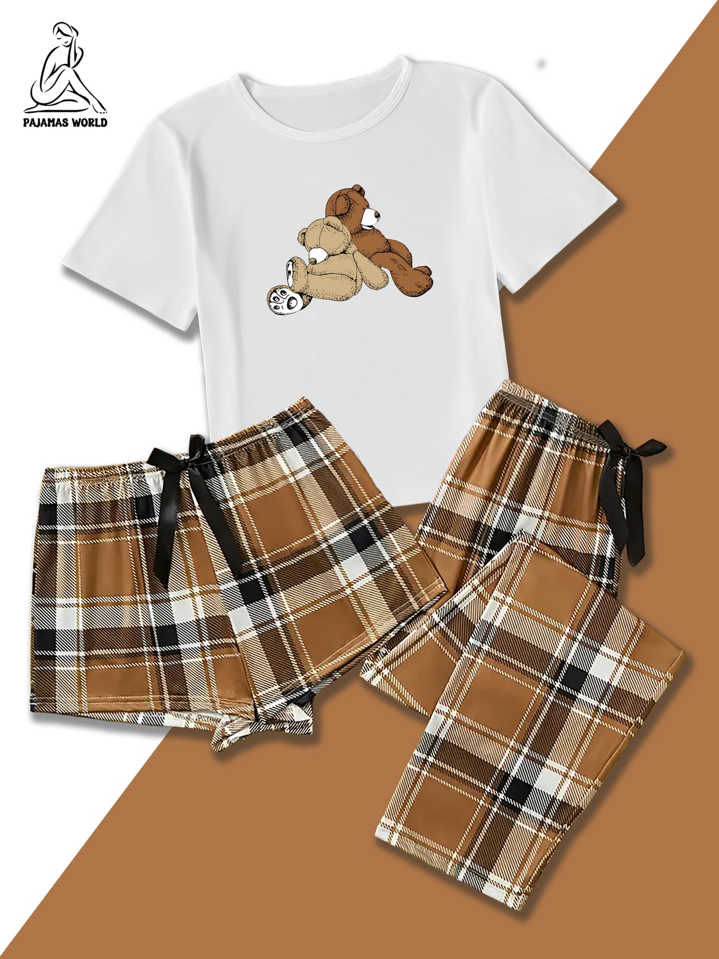 Women'S Casual Cartoon Bear & Plaid Pajama Set - Soft, Loose-Fit Short Sleeve Top with Elastic Waistband, Long Pants & Shorts, Cozy Fall/Winter Sleepwear