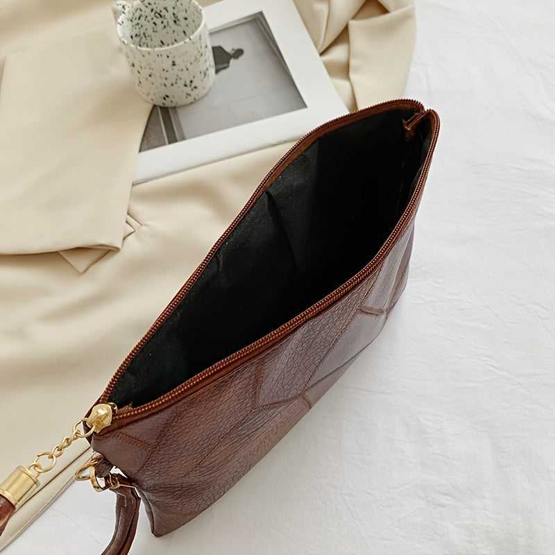 Women's Vintage Handbag & Wallet Clutch - Detachable Strap & Zipper Closure, Tassel Fringe Tassel Chain Strap, Golden-Tone Hardware, Deep Brown/Black Retro Wallet Purse for Everyday & Formal Events, Lining, Geometric Pattern,