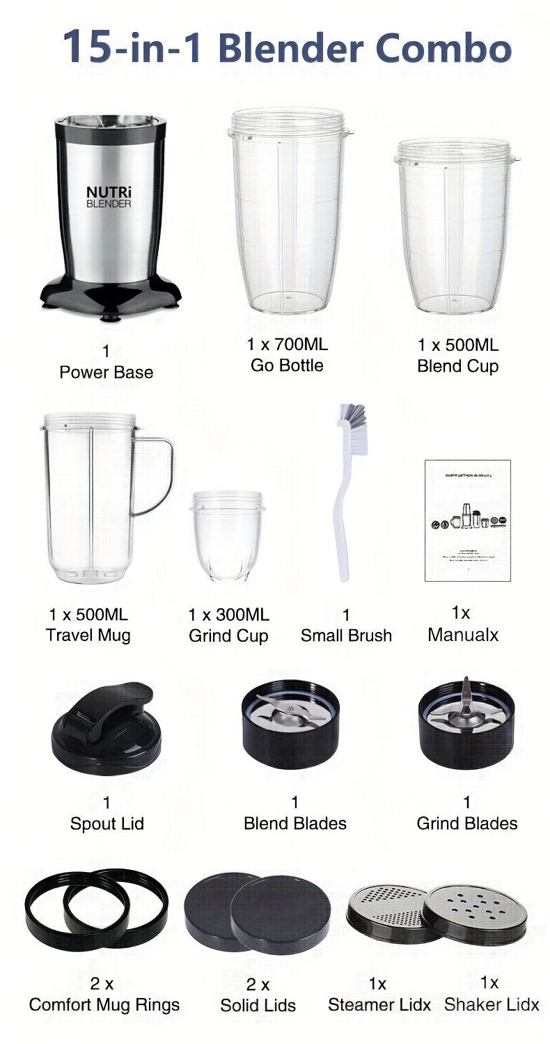 Smoothie Blender, Milkshake And Smoothie Blender, 15pcs Kitchen Personal Blender And Grinder Combo, Single Blender for Making Juice, Baby Food And Nutritional Recipes with Clean Brush