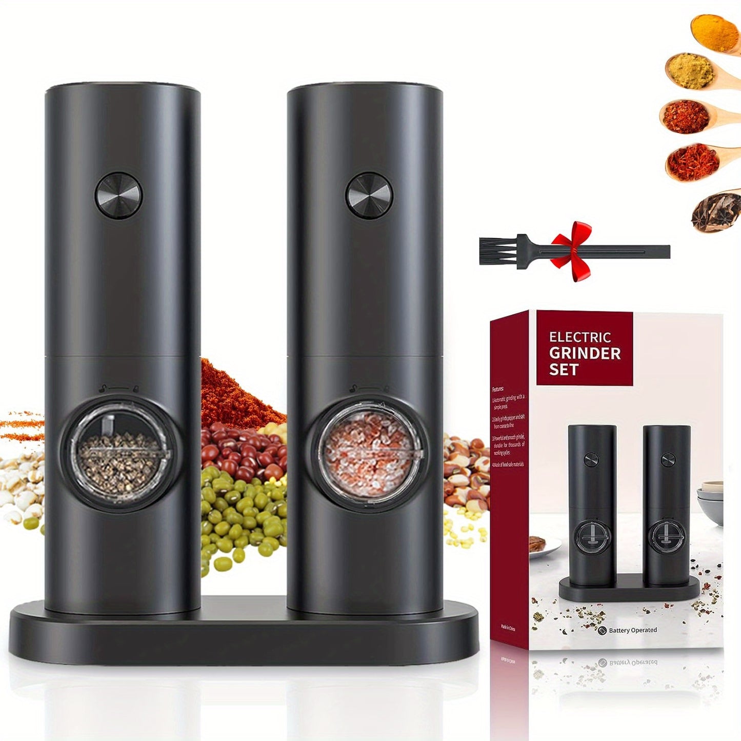 Single or Double Pack Options, Includes Base for Two-Pack - Electric Salt and Pepper Grinder with One Hand Operation, Battery Powered, Adjustable Coarseness, LED Light & Stand, Suitable for Kitchens, Food Seasoning Device, Di