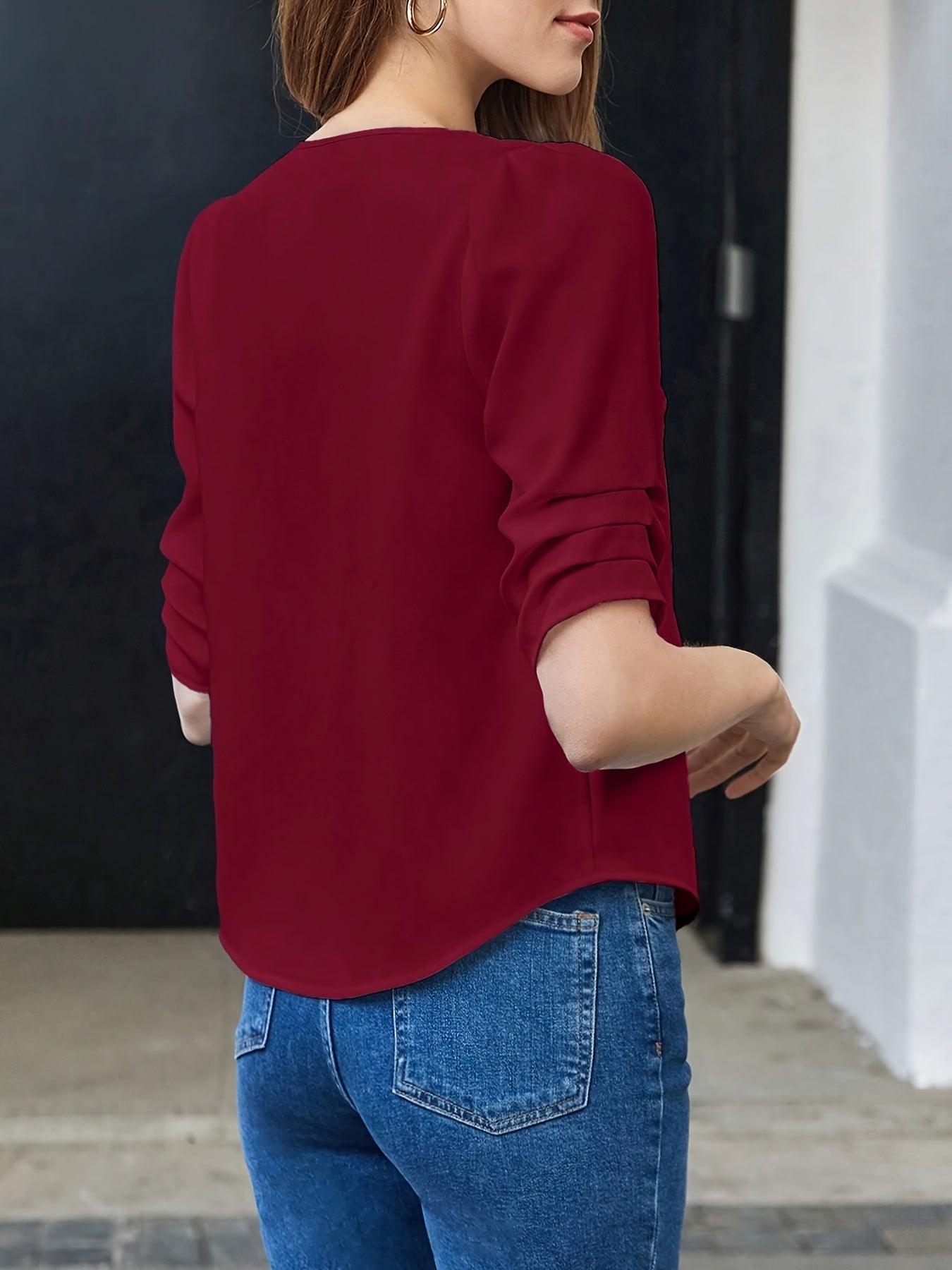 Solid Color Notched Neck Blouse, Elegant Half Sleeve Blouse Top For Spring & Summer, Women's Clothing