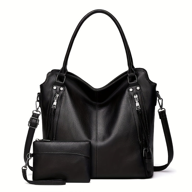 Women'S Large Capacity Tote Bag - Stylish Brown with Golden-Tone Hardware, Zipper Closure & Detachable Strap, Perfect for Work Or Everyday Use, Versatile Carryall | Elegant | Durable, Large Tote Bag