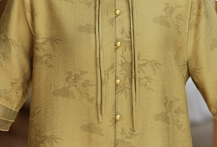 Women'S Elegant Summer Blouse with Floral Pattern - Short Sleeve, Mandarin Collar, Loose Fit, Light Olive Green, Perfect for Casual Attire, Casual Attire Blouse | Floral Pattern Top | Mandarin Collar Shirt