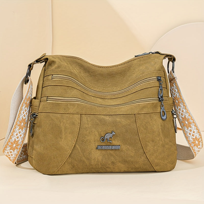 Women'S Retro Bohemian Crossbody Bag with Adjustable Strap - Solid Color Olive Green Tote Handbag, Large Capacity for Everyday Use, Golden-Tone Hardware & Zipper Closure, Purse Crossbody
