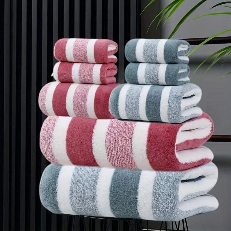 8pcs Set of Lint-Free, Super Absorbent And Super Soft Five-Star Hotel Standard Two-Color Striped Bath Towel Set, Including 2 Large Bath Towels, 2 Large Face Towels And 4 Hand Towels - Quick Drying | with Hanging Loop | Light