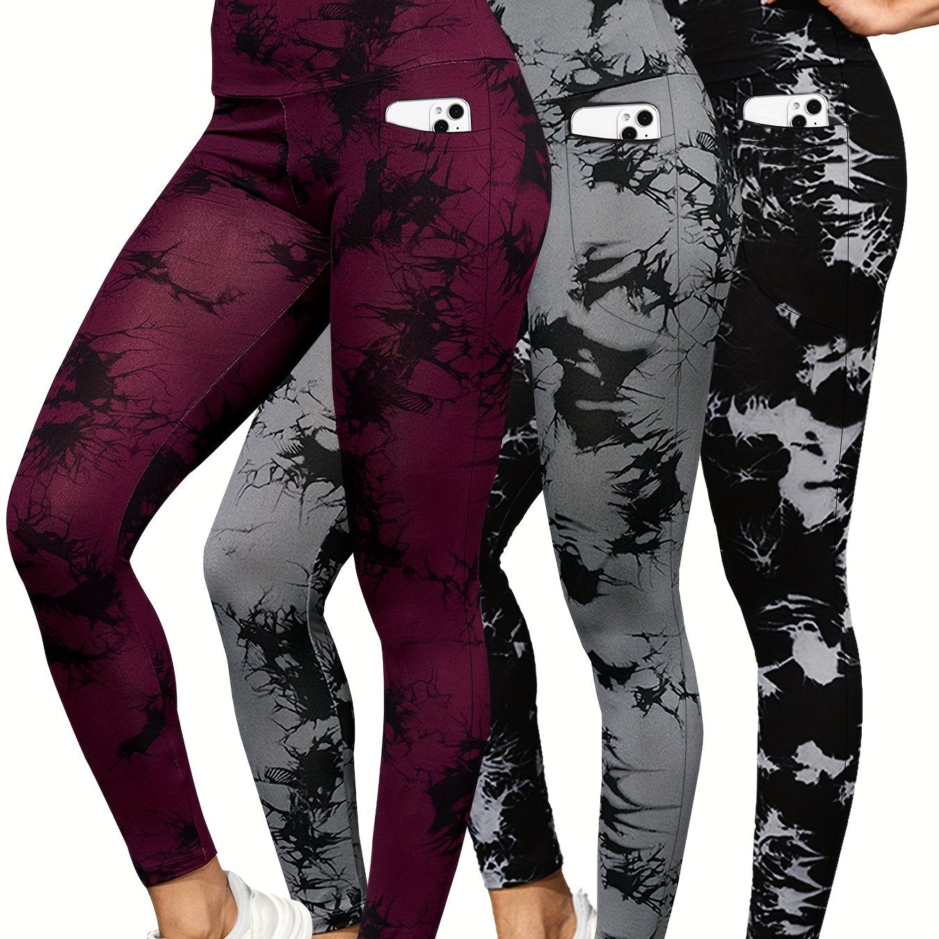 3-Pack Women's High Waisted Yoga Leggings - Non-See Through Tummy Control Workout Pants with Side Pockets, Stretchy All-Season Athletic Leggings in Blue/, Machine Washable for Running, Gym, Casual Attire - Ideal Gift for Wome