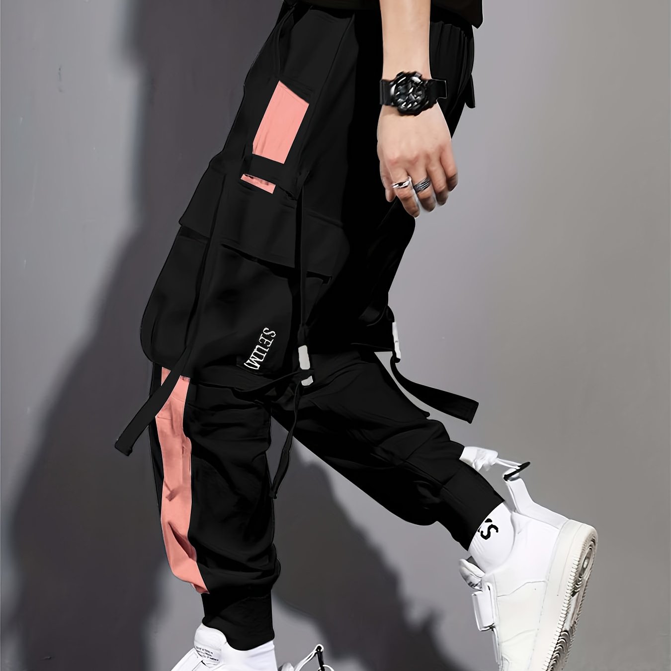 Multi-pocket Ribbon Design, Men's Color Block Cargo, Trendy Comfy Jogger Pants
