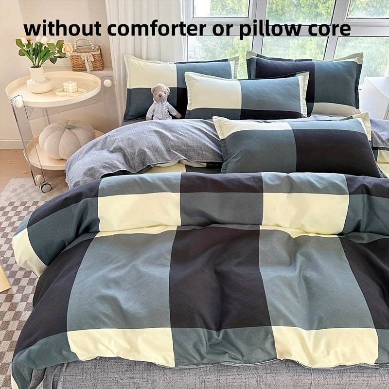 Soft and breathable 4pcs bedding set - Creative space plaid pattern, machine washable - includes sheet, duet and 2 pillowcases for all seasons - ideal for student dormitories, bedrooms and guest rooms