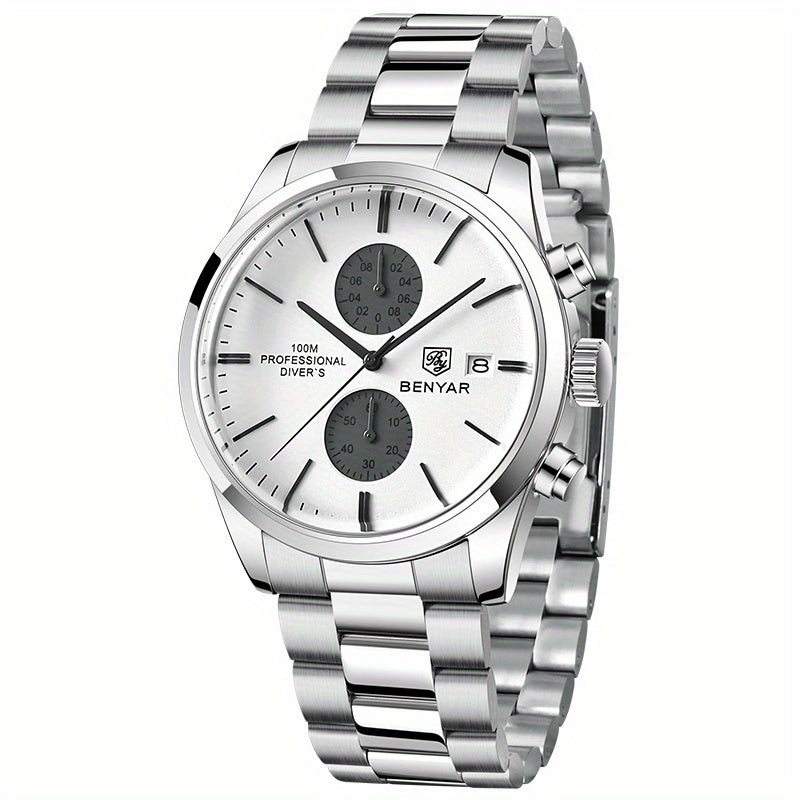 1pc New BENYAR Men's PU Leather Quartz Wristwatch, Men's 100M Multifunctional Watch Military Sports Chronograph Watch For Men