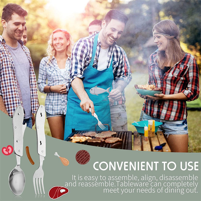 Stainless Steel 4-in-1 Outdoor Tableware Set with Folding Spoon, Fork, Knife, and Bottle Opener - Perfect for Camping, Picnics, Hiking, and Travel