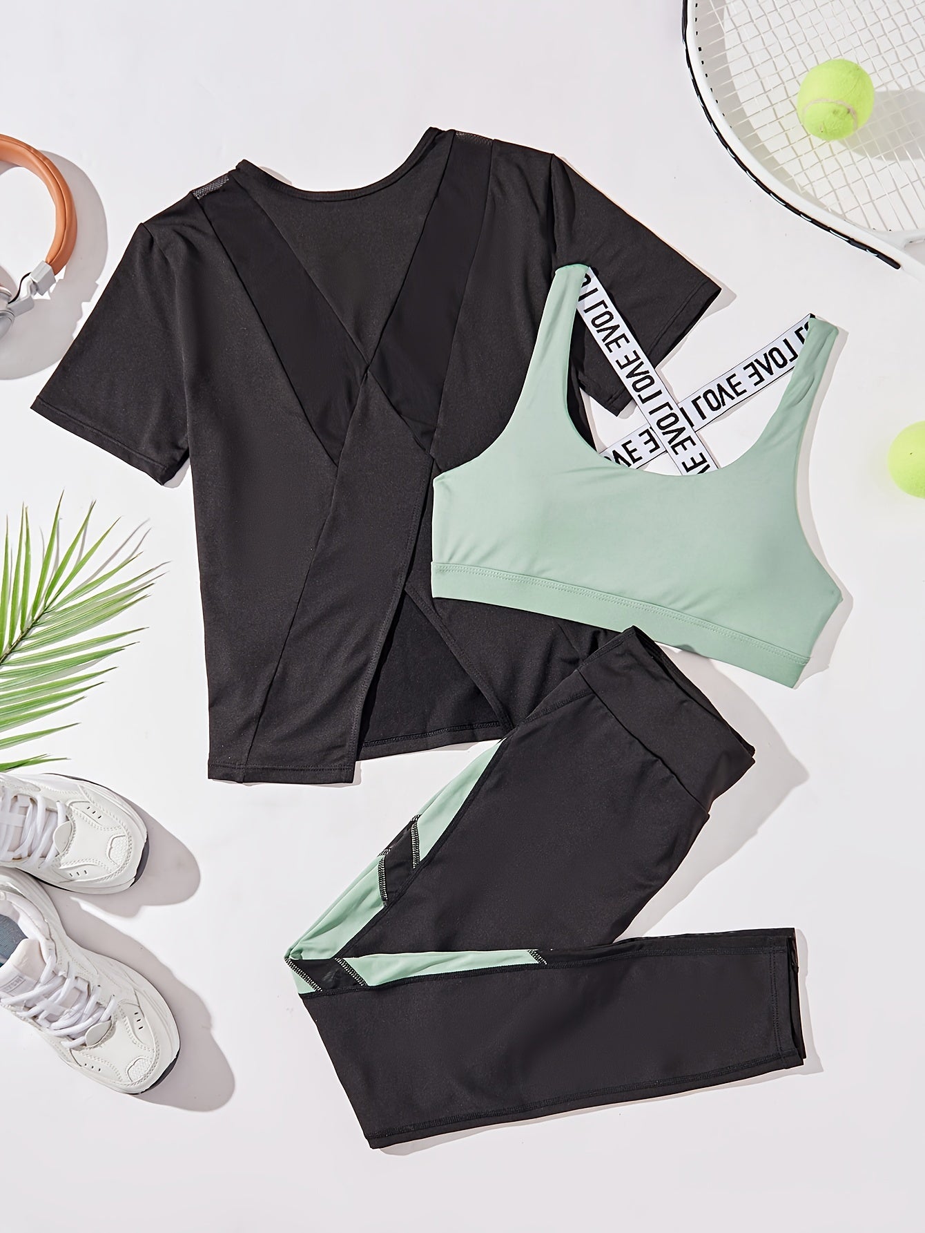 3pcs Women's Yoga Set in Black & Purple - High-Stretch, Sleeveless Sports Bra with Crisscross Straps, Short Sleeve Top & Leggings - Polyester & Elastane Blend, Machine Washable