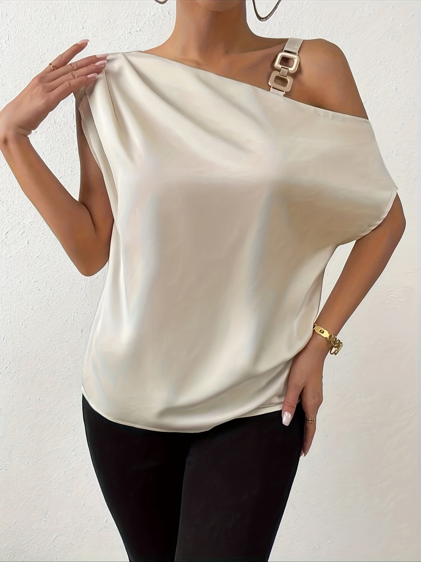 Chain Strap Asymmetric Blouse, Casual Solid Color Blouse For Spring & Summer, Women's Clothing