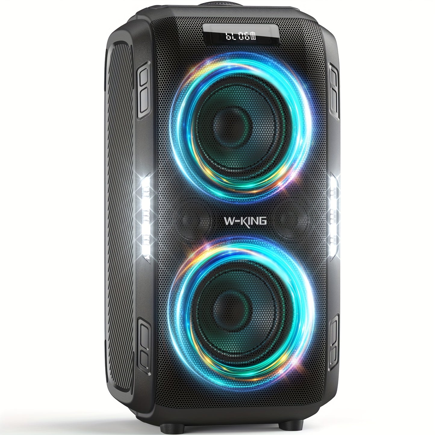 Powerful W-KING 200W peak wireless speaker with massive 120dB soundstage and DSP chip, 12-level bass adjustment, Big Party Boombox portable speaker with super deep bass, dynamic light show, 6.35mm microphone input, TF card sl