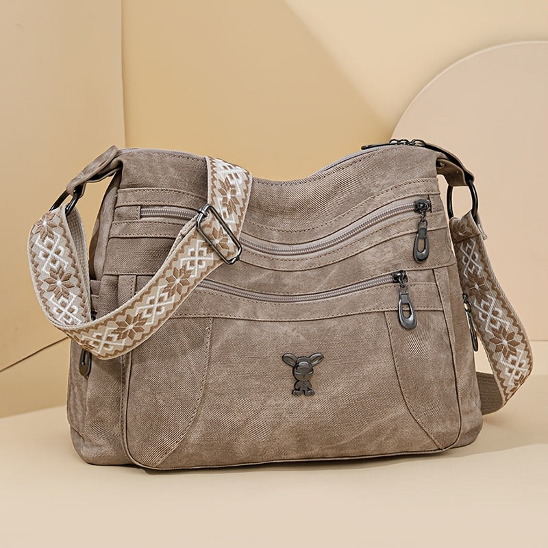 Taole Women's Vintage Bohemian PU Shoulder Bag - Adjustable Strap & Zipper Closure, Retro 1950s Handbag in Khaki/Ginger/Gray/Blue/Black, Casual & Dressy Outfits, Durable & Oil-Tanned Edges