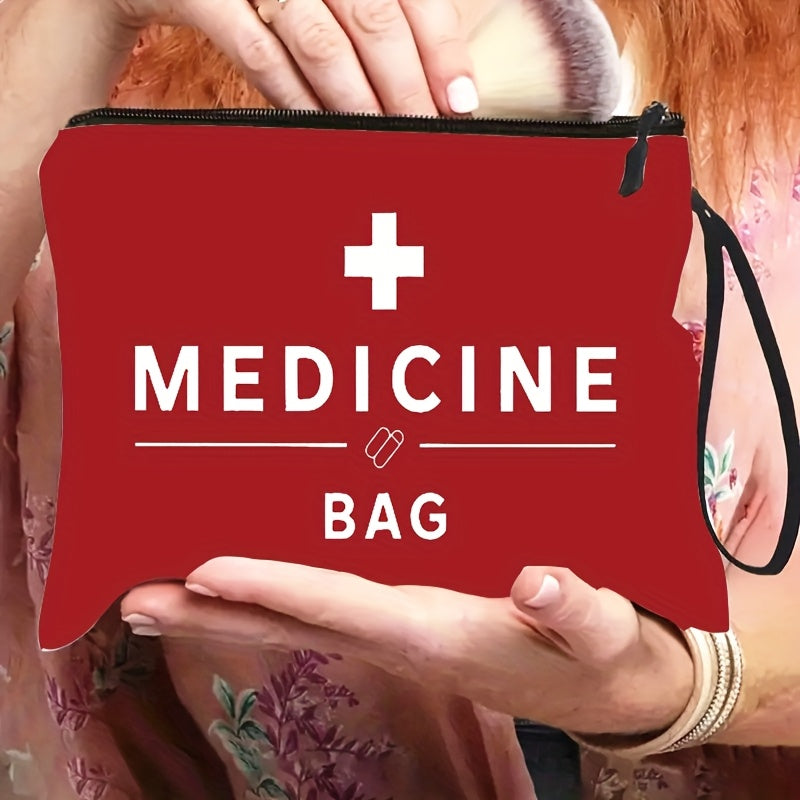 1pc Red Medicine Cosmetic Bag with Wrist Strap, Portable Migraine Medication Bag, Compact Travel Pill Pouch, Chronic Illness Medicine Kit