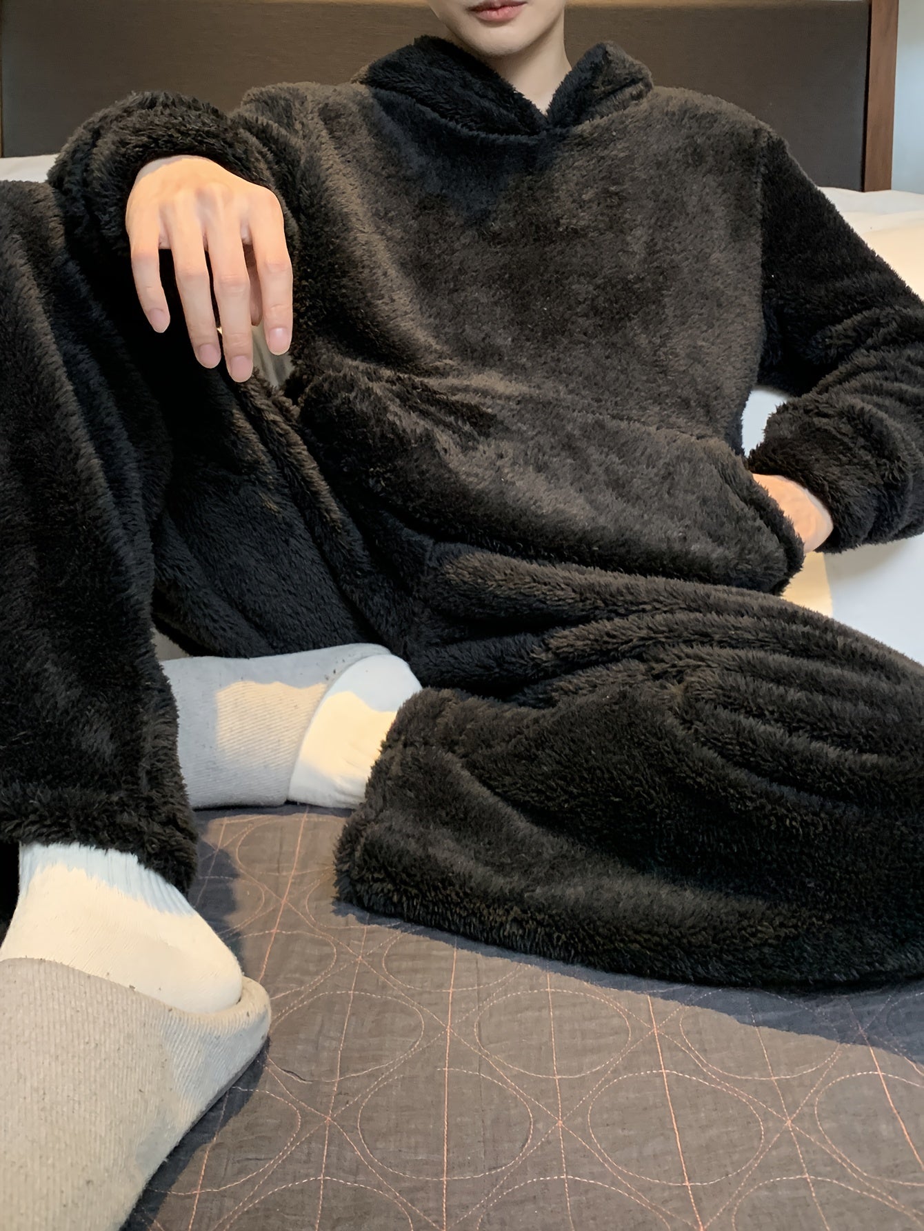 Men's Coral Velvet Pajamas Autumn and Winter Thickened Velvet Winter Hooded Flannel Warm Youth Pajama Set