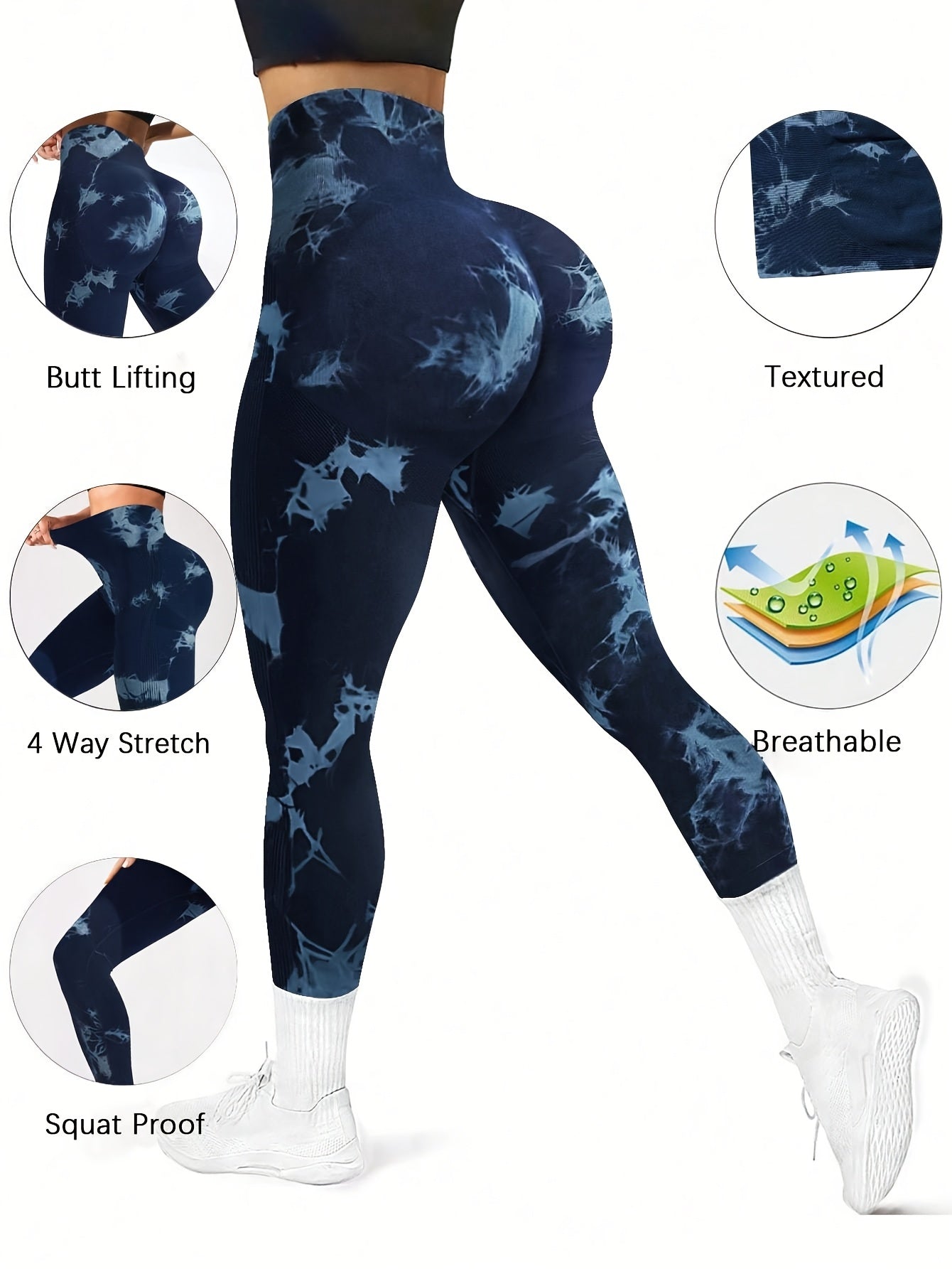Women's High-Waisted Tummy Control Compression Leggings - Seamless Tight-Fit Gym Pants with Ombre Blue Tie-Dye Print, Full-Length Non-Sheer (Machine Washable, All-Season), for Women, Trendy, Stretchy Fabric, Wear, Lifestyle