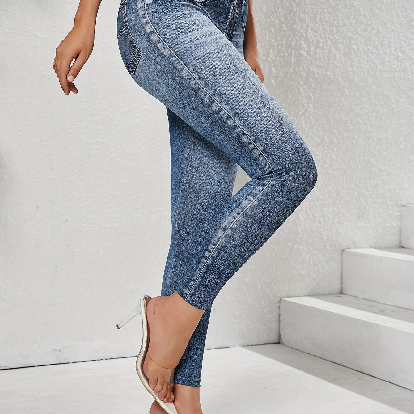 【imitation denim】New Women'S Fashion Casual Trendy Comfortable Breathable High-Waisted Stretchy Blue Faux Denim-Like Printed Leggings for Daily Commuting, Enhancing The Hips And Waist, Women'S Base Layer Pants, Fitted Leg