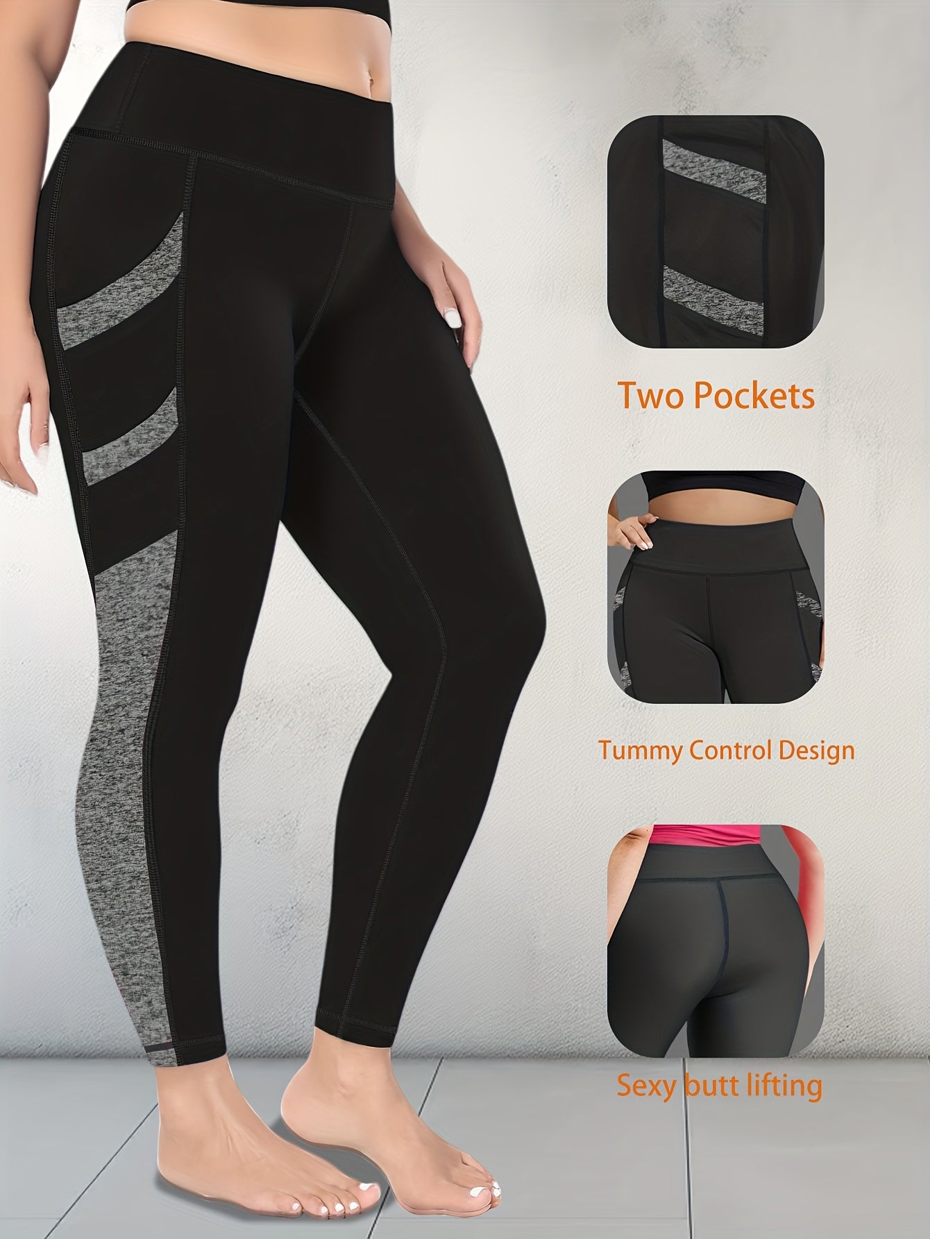 Plus Size Women's High-Waisted Tummy Control Yoga Leggings - 4-Way Stretch Workout Pants with 4 Side Pockets, Butt-Lifting Posture & All-Season Wear for Gym, Running, - Non-Sheer Opaque Fitness Pants (Black/Grey)