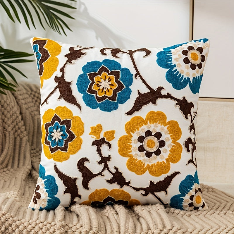 1pc Boho Floral Embroidered Pillow Case - Soft and Stylish Living Room Decor for Couch, Bed, and Sofa - 17.7 x 17.7 Inches