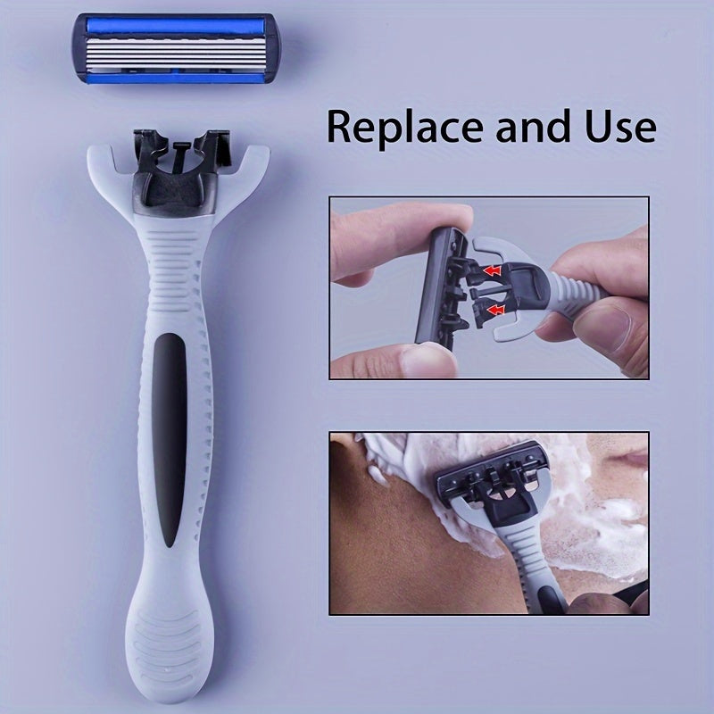Men's Manual Shaver Set, 2 Handle + 24 Blades, Safety Razor 6-Layers Stainless Steel Hair Removal Shaving Blades Replaceable Shaver Heads, Shaving Tools
