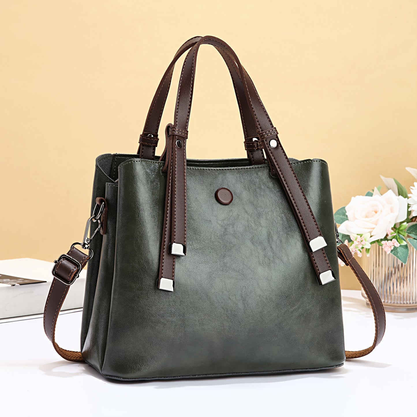 Women's Vintage Handbag with Detachable Crossbody Strap - Large Capacity Tote & Shoulder Bag, Golden-Tone Hardware, Zipper Closure, Lining, Golden-Tone Hardware - Elegant Brown/Beige/Coffee/Red/Black, Versatile for Work, Trav