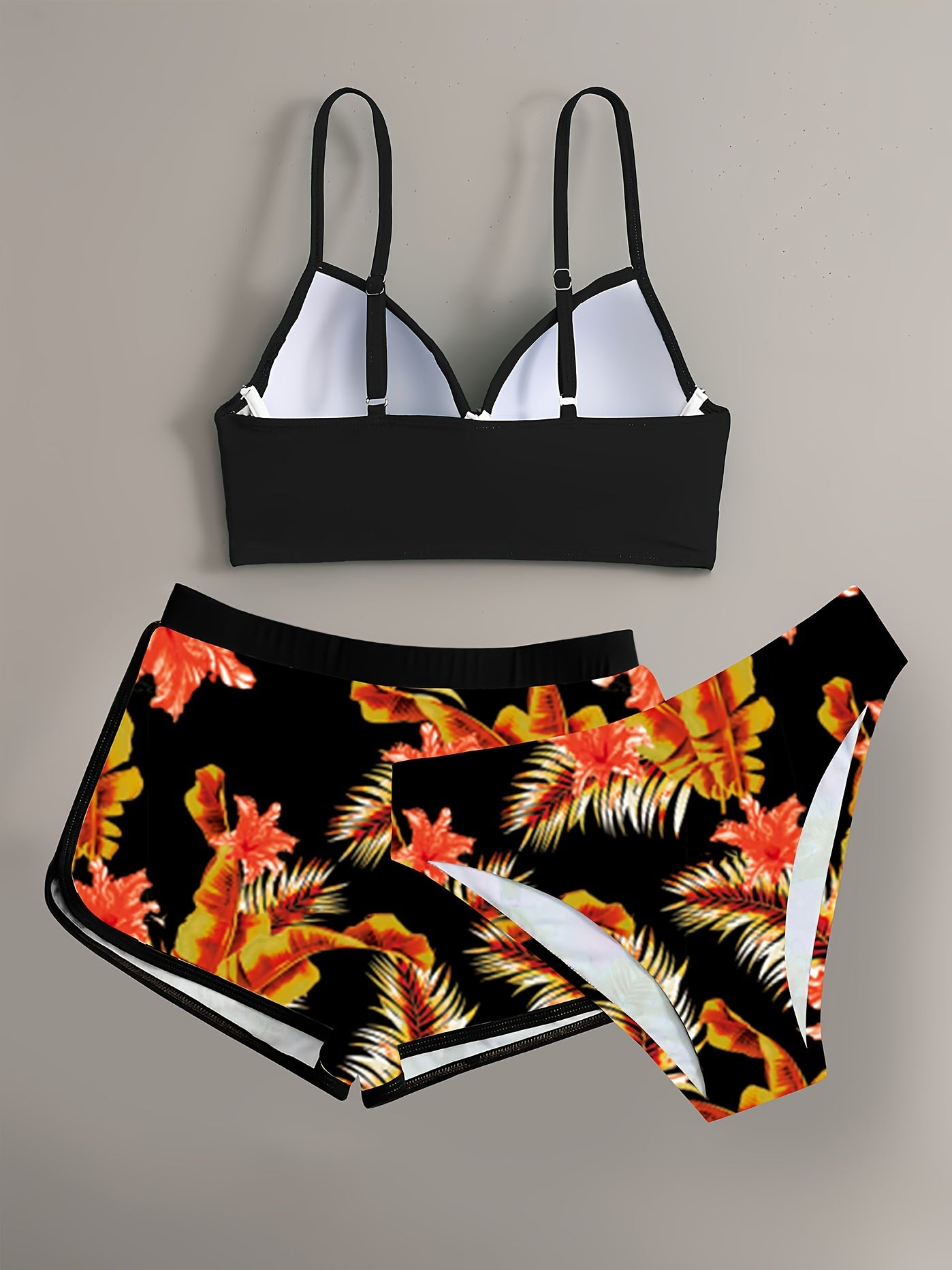 Floral Leaf Print Stretchy 3 Piece Set Swimsuits, Cross Spaghetti Strap Push Up Bikini & Boxer Shorts, Women's Swimwear & Clothing