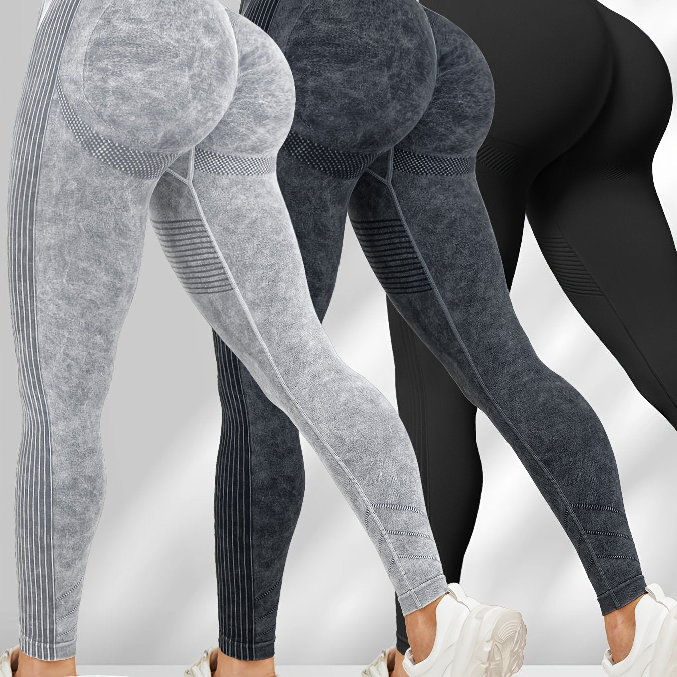 Women'S 3pcs High-Waisted Yoga Pants with Textured Surface, Stretchy & Comfortable - Beige, Black, Gray - Perfect for Fitness, Workouts & All-Season Wear, Workout Leggings | Minimalist Design | Stretchy Fabric