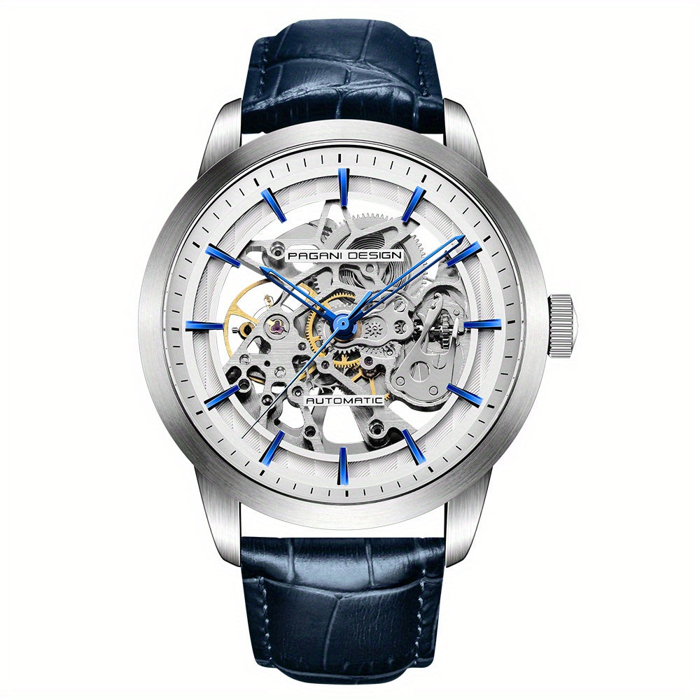 Pagani Design 2023 Men's Automatic Skeleton Watch, Self-Winding, Stainless Steel, Leather Strap, Pointer Series, Water Resistant To 100 Meters Sports Leather Watch